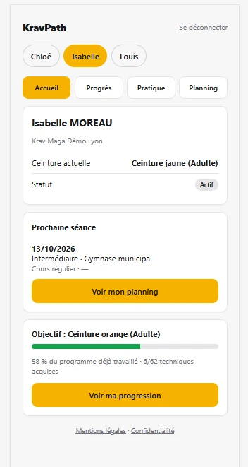 Accueil de l'espace élève sur téléphone : ceinture, prochaine séance et progression vers la ceinture visée